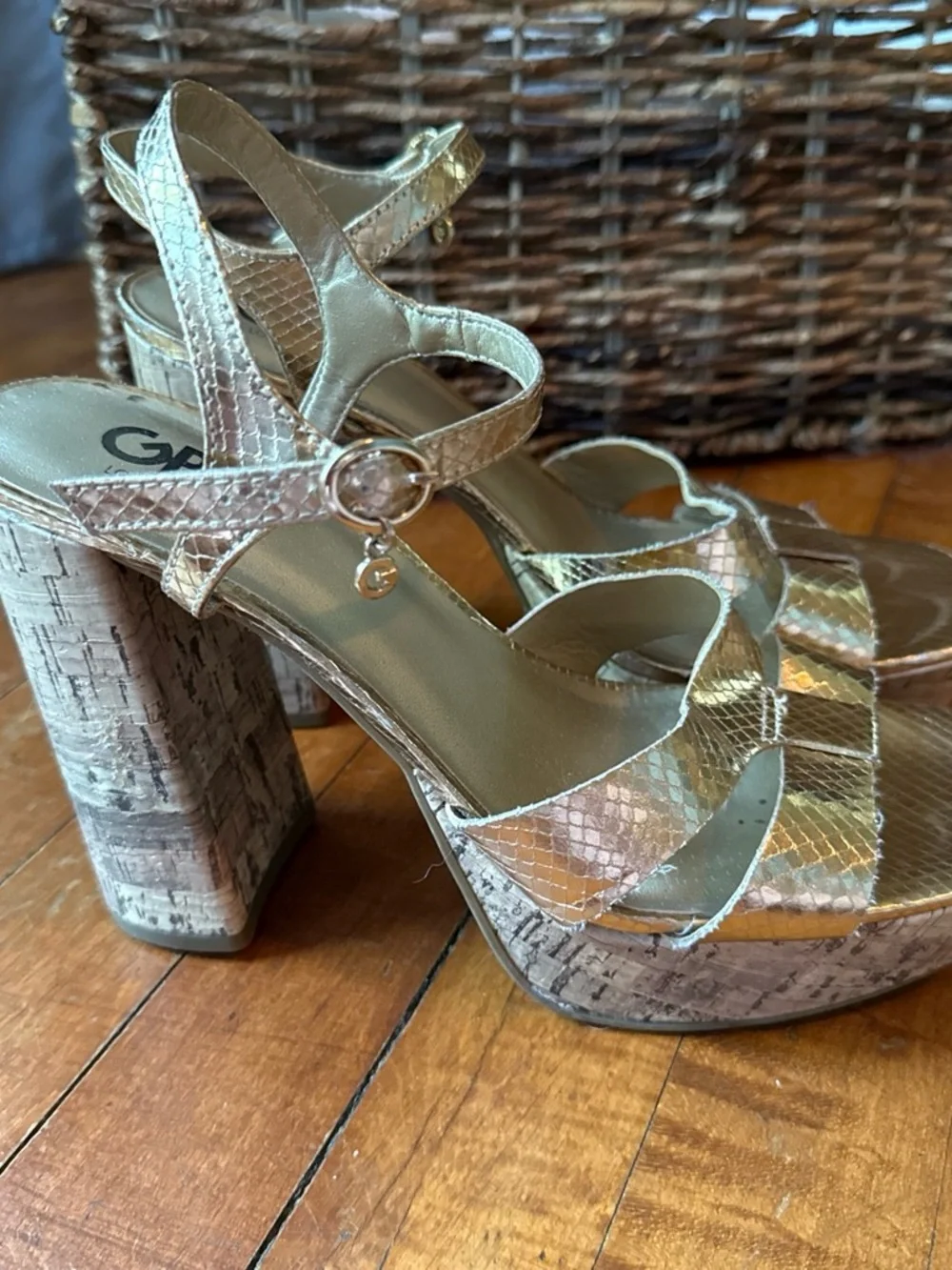 G by Guess Metallic Gold Platform Block Heel Sandals